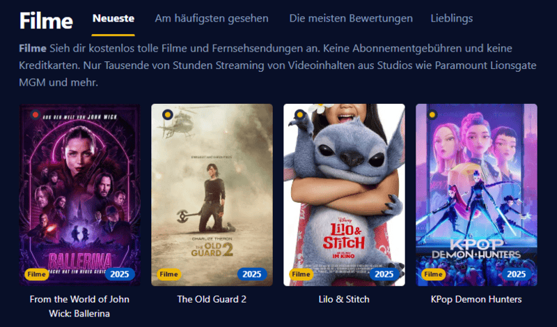 Bildschirmaufnahme der Filmpalast Oberflaeche zeigt verschiedene Filmtitel und Serienepisoden
